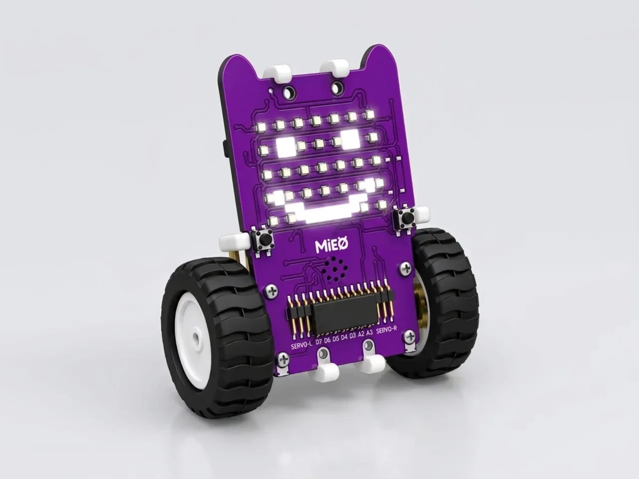 Upright MIEO showing a smiling face on its 7x5 LED display