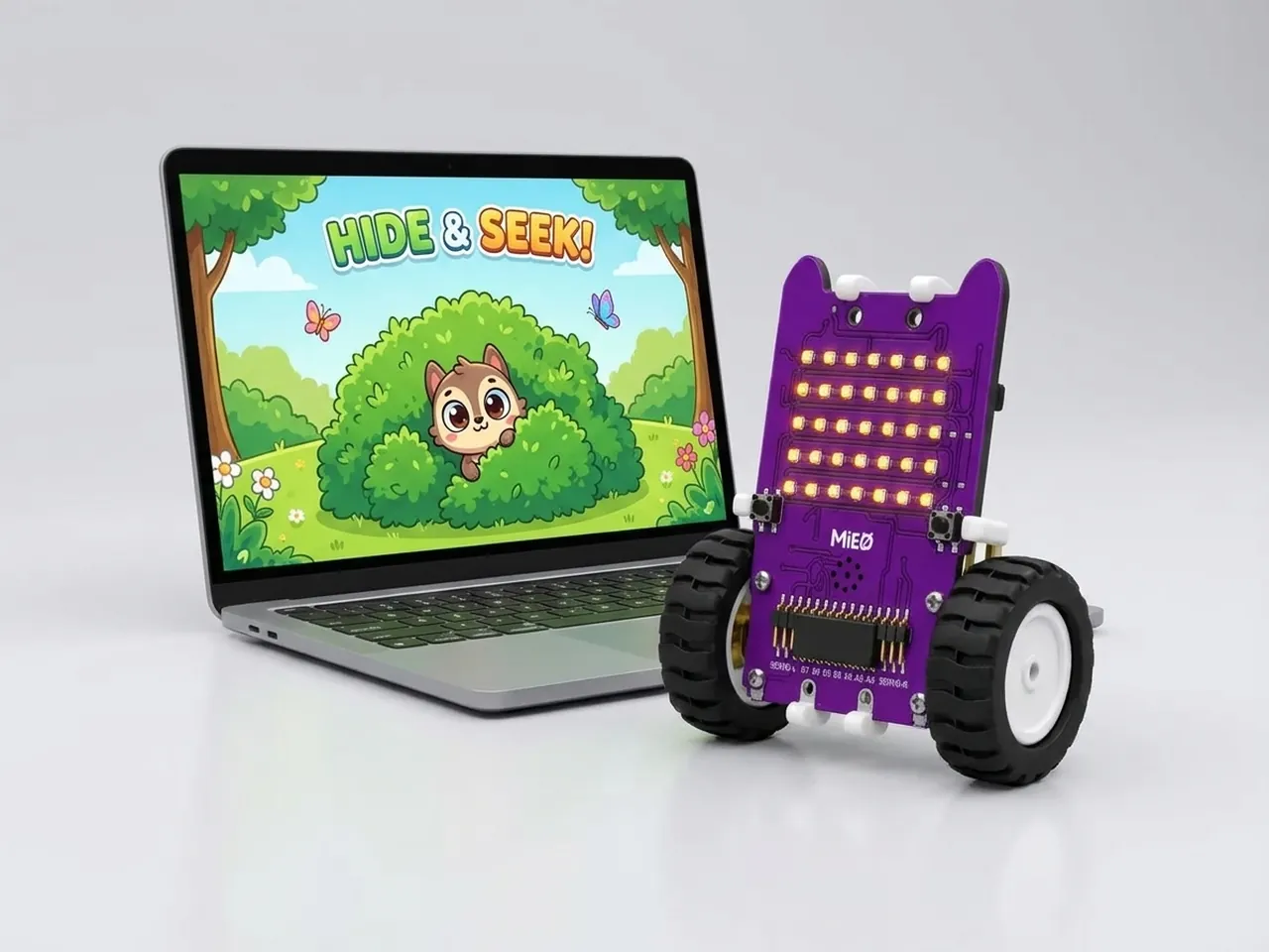 MIEO beside a laptop showing a hide and seek game with a character behind a bush