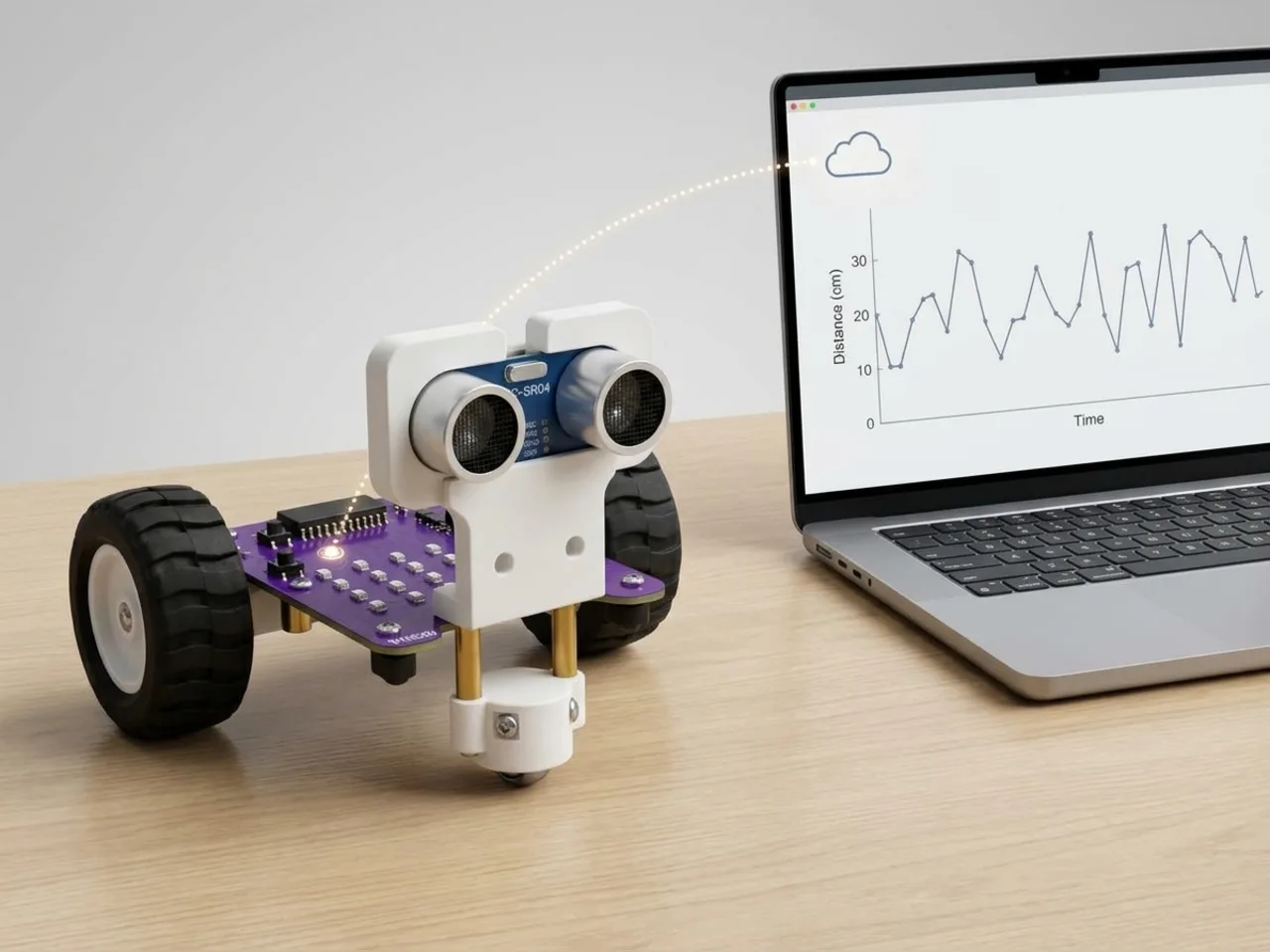 MIEO sending distance readings to a cloud chart on a laptop screen