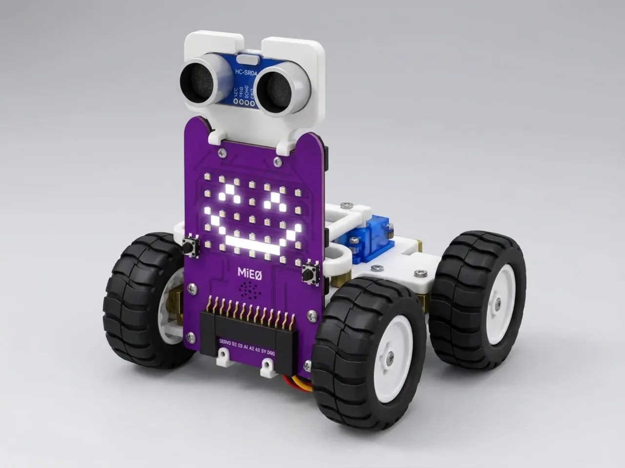 Four-wheel MIEO with a happy face on its upright LED display