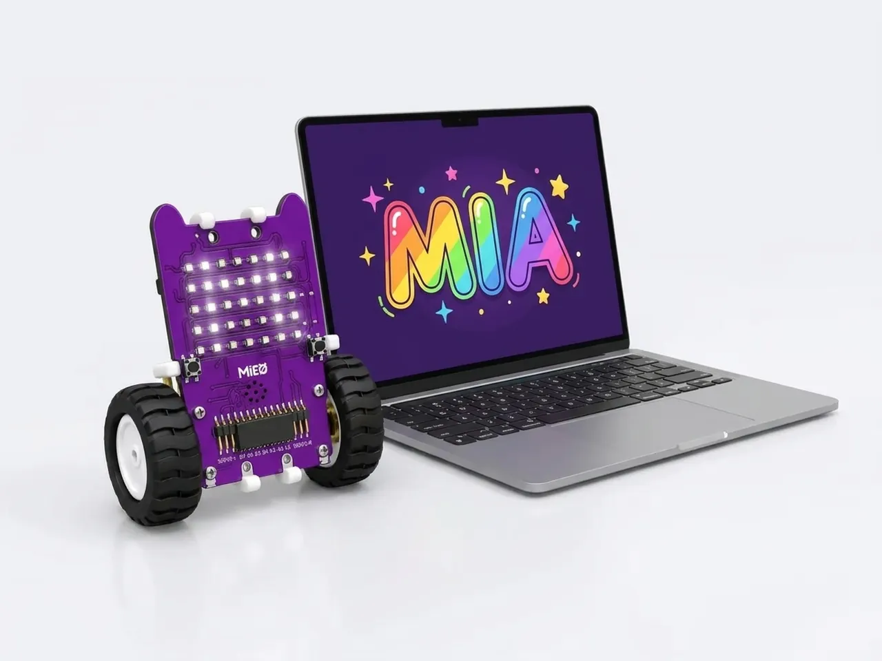MIEO beside a laptop animating the name MIA in rainbow letters