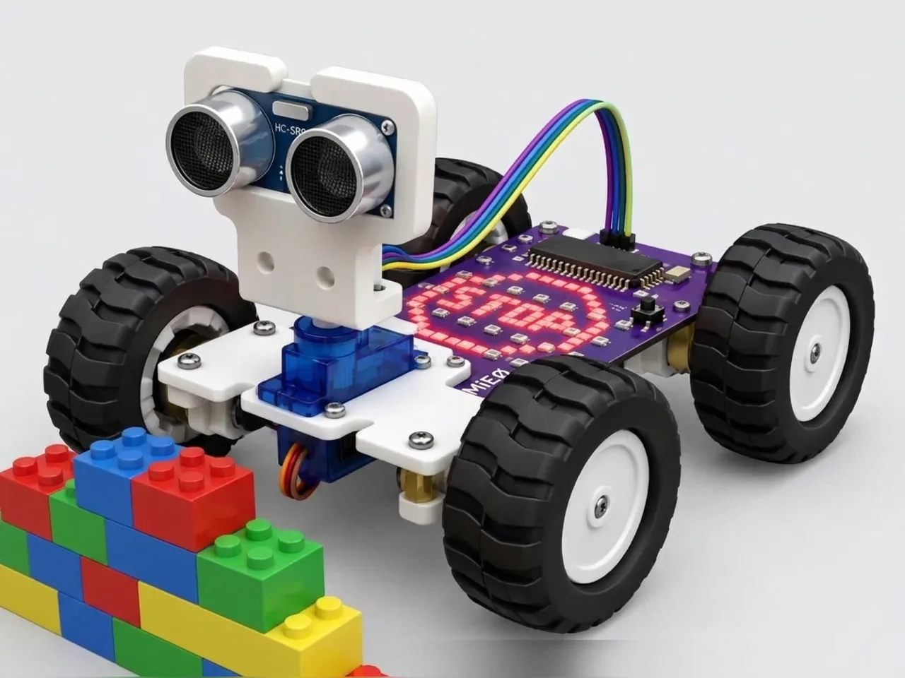 Two-wheel MIEO with an ultrasonic sensor stopping just before a wall of toy blocks