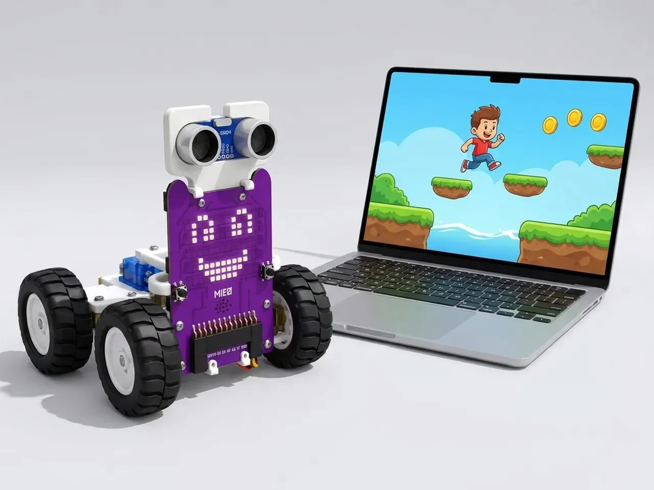 MIEO with a smiling LED face beside a laptop showing a runner jumping between platforms