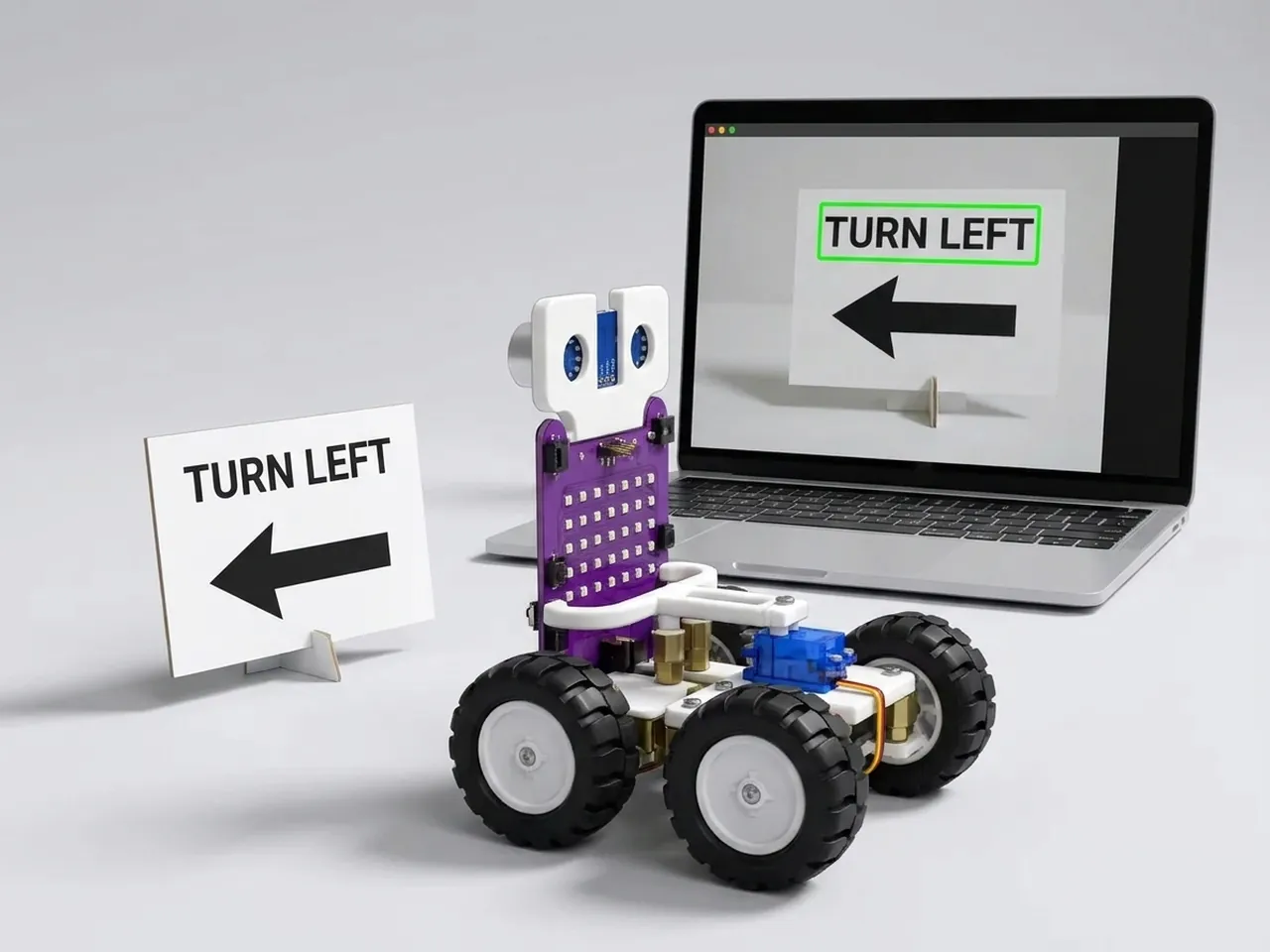 Four-wheel MIEO facing a TURN LEFT sign that the laptop camera has read