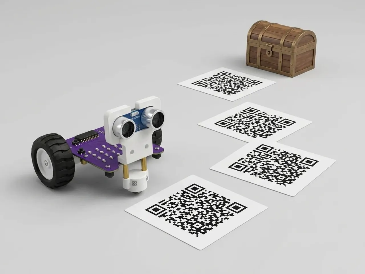 MIEO at the start of a trail of QR code cards leading to a treasure chest