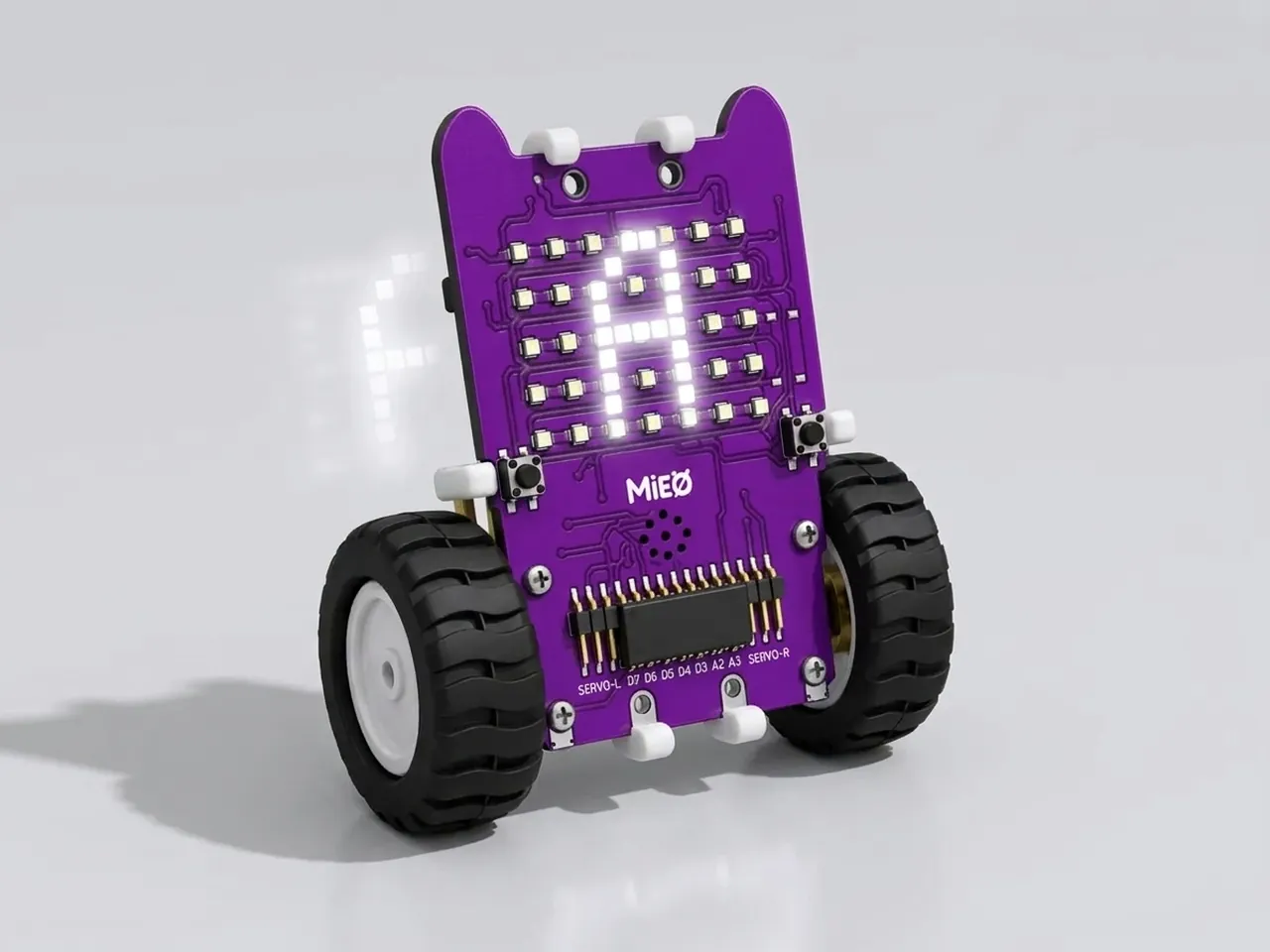 Upright MIEO scrolling the letter A across its LED matrix