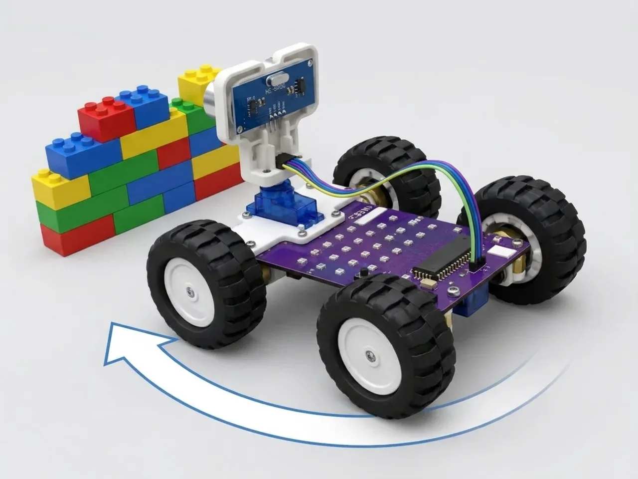 Four-wheel MIEO with an ultrasonic sensor turning away from a wall of toy blocks