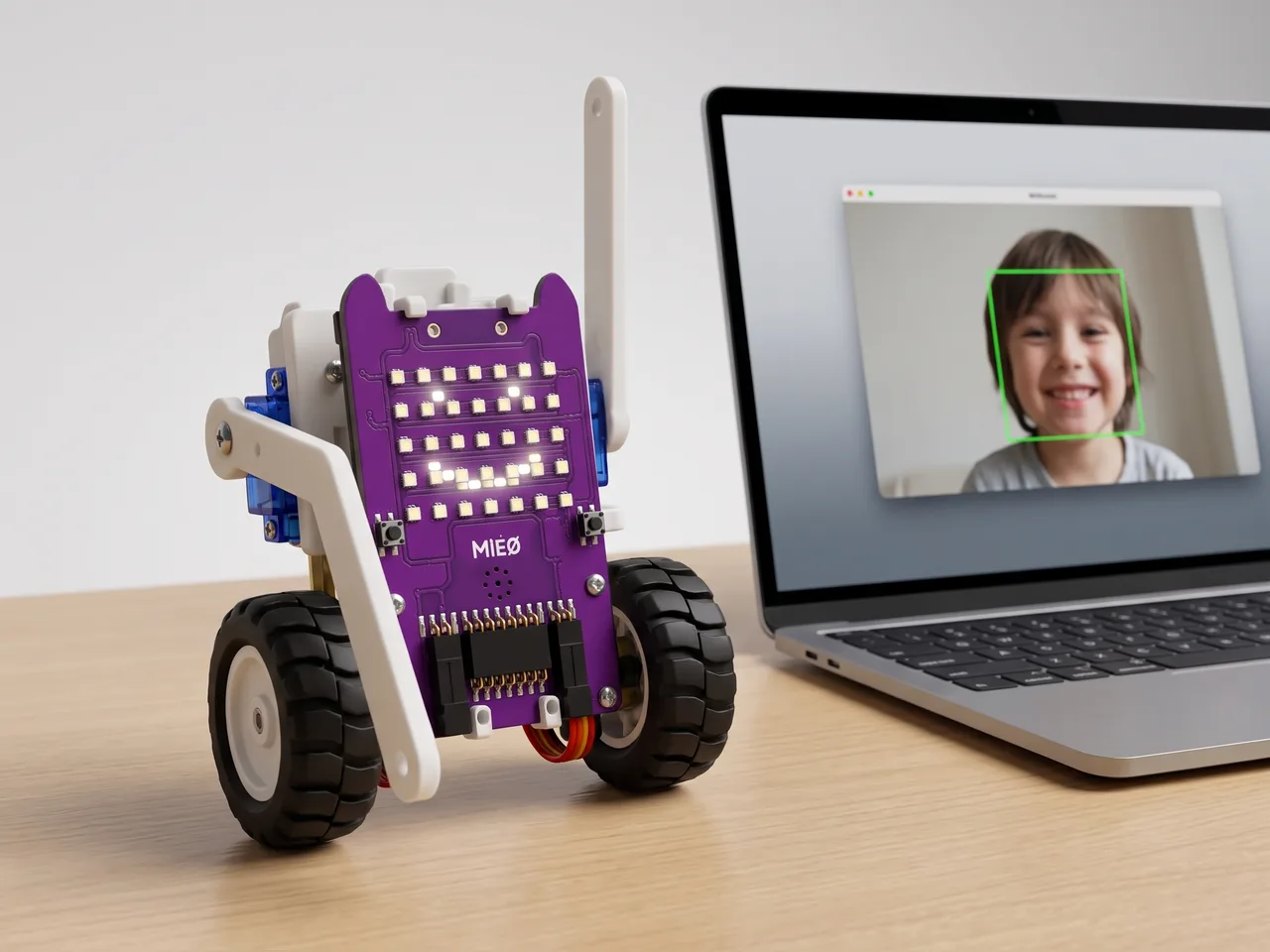 Upright MIEO with a white servo arm raised like an open gate beside a laptop whose webcam sees a smiling child