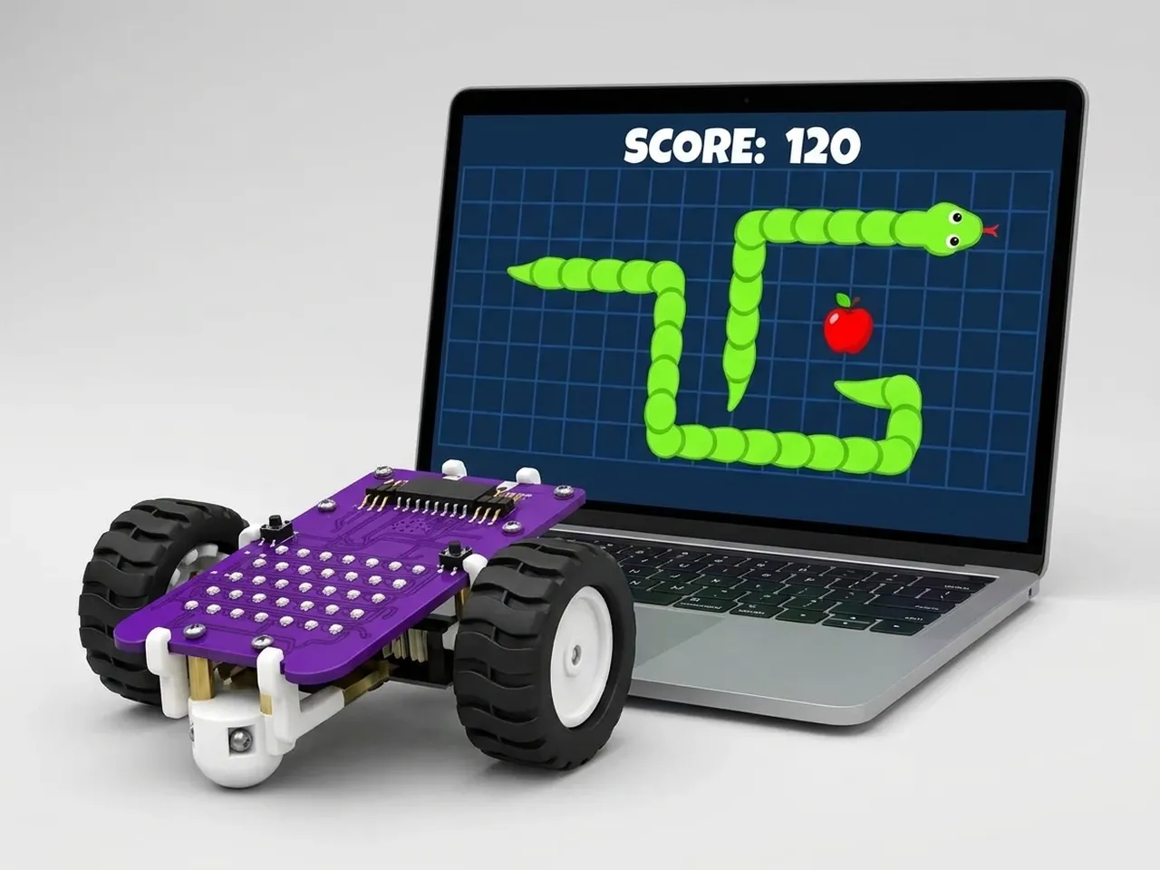 Two-wheel MIEO beside a laptop playing the classic snake game