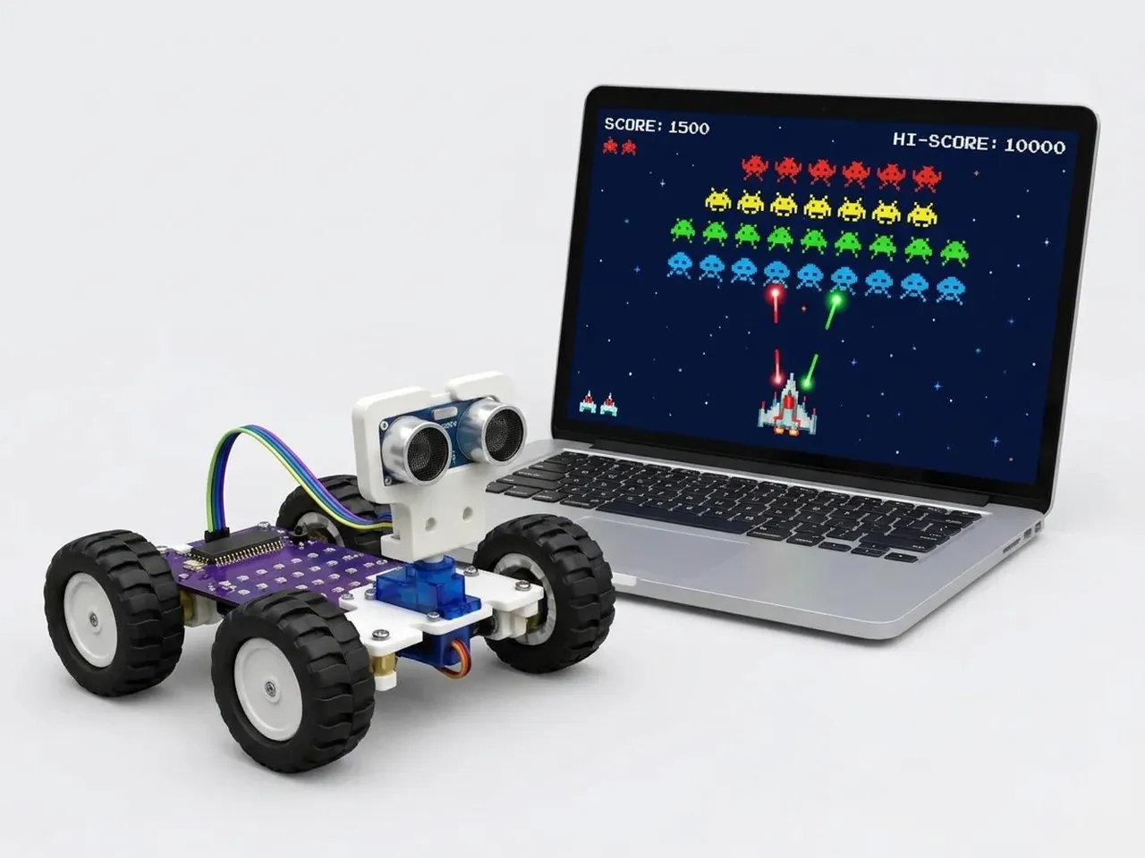 MIEO rover with its ultrasonic sensor beside a laptop playing a retro space shooter