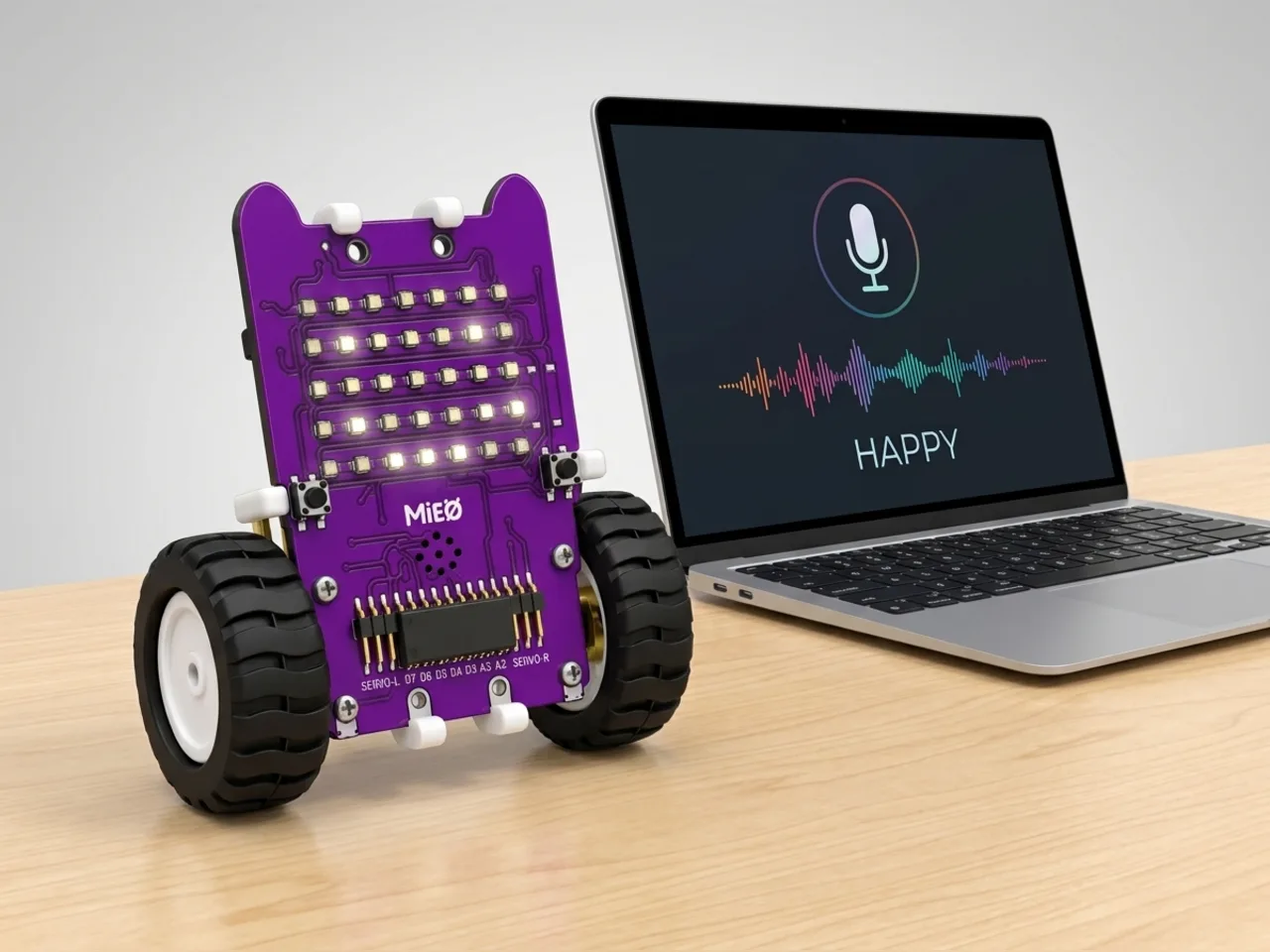 Upright MIEO with a smiling LED face beside a laptop that has heard the word HAPPY
