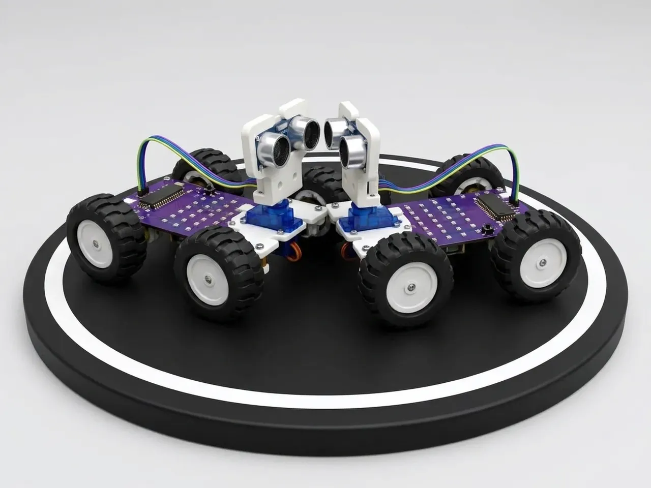 Two MIEO rovers pushing nose to nose inside a black sumo ring