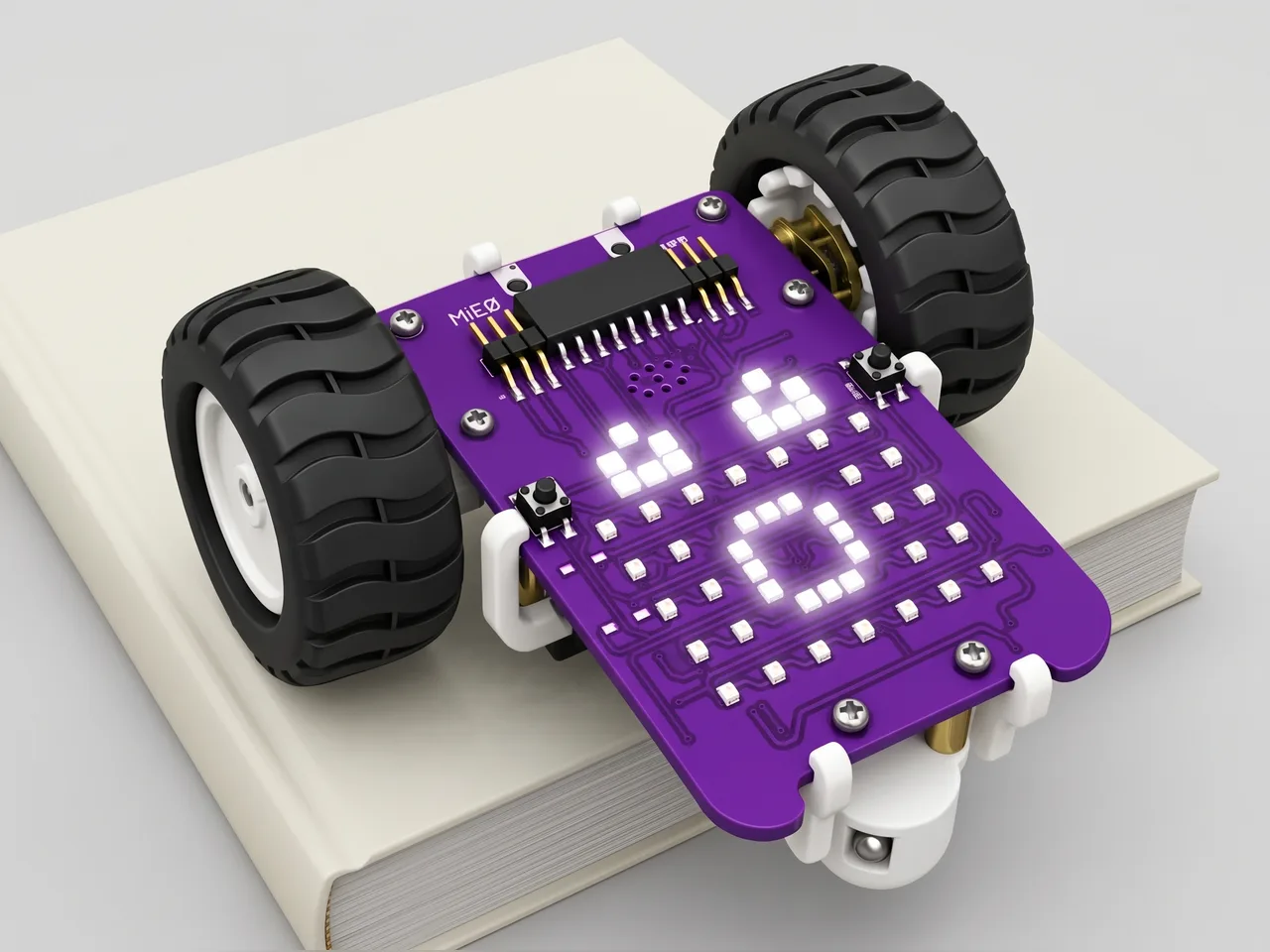 Two-wheel MIEO stopping at the edge of a big hardback book on the floor, its LED grid showing a surprised face