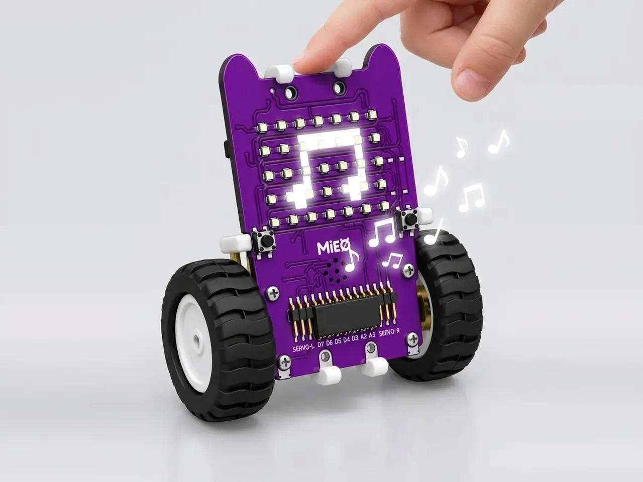 A finger touches MIEO and musical notes float up as it plays a tone