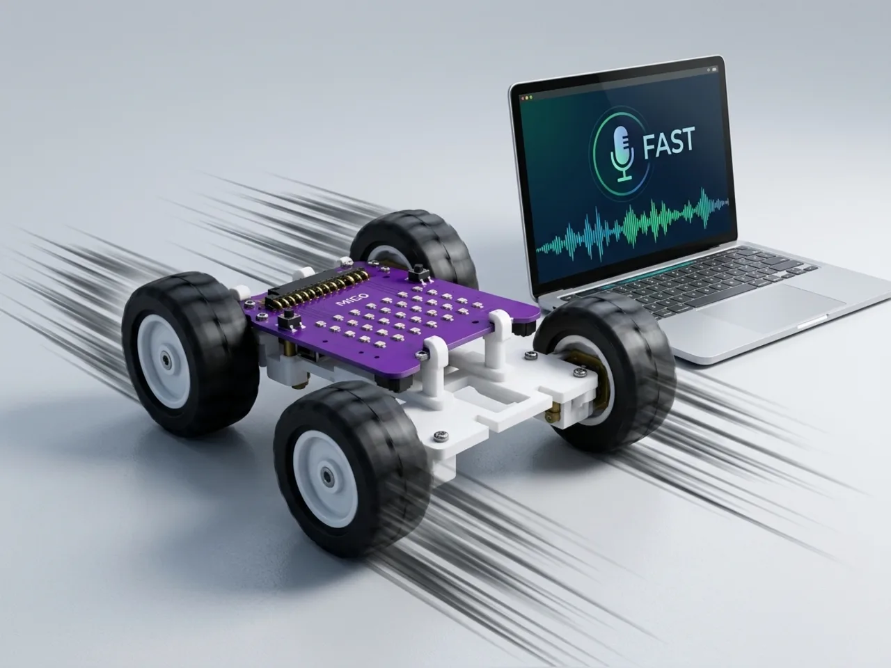 Four-wheel MIEO speeding off as a child says fast into a laptop microphone