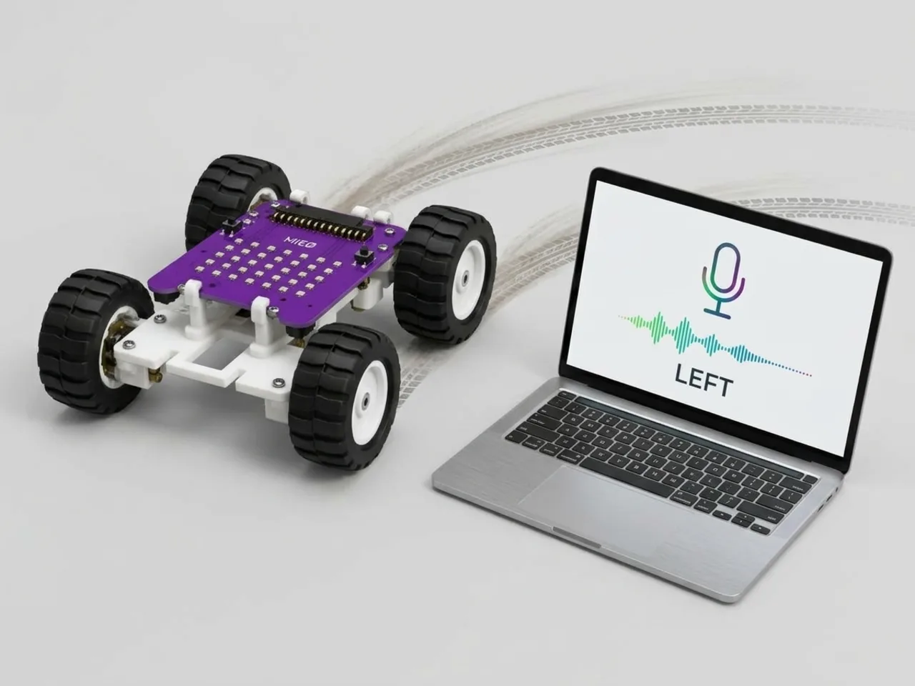 Four-wheel MIEO turning as a child says left into a laptop microphone